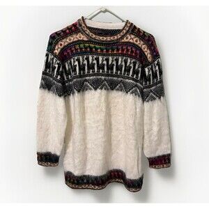 Alphaca Fair Isle Knit Sweater Multicolor Llama Print Sz M-L Nordic Unisex